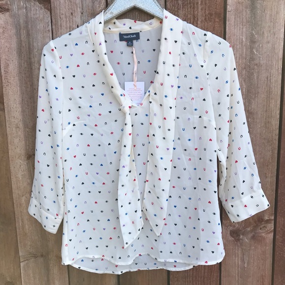 NWT ModCloth Eye Heart U You Pleasant Confidence Tie Neck Blouse Ivory I Love U - Picture 2 of 12